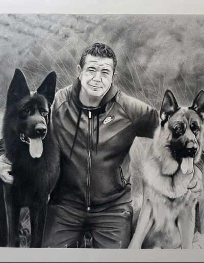 Retrato con Carboncillo perros y dueño