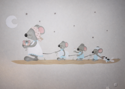 Pintura Mural habitación Infantil, Ratoncitos bebés siguiendo a mamá, Jerez en Cádiz
