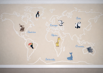Pintura mural en pared de habitación infantil mapamundi de animales del mundo