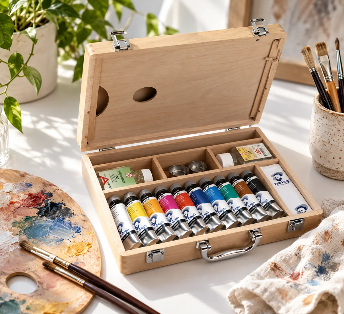 Caja de madera con tubos de pintura al óleo, paleta y pinceles sobre una mesa de trabajo