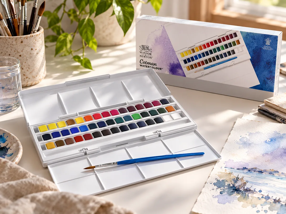 Estuche de acuarelas Winsor & Newton Cotman con pinceles y papel de acuarela pintado