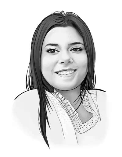 Retrato digital en blanco y negro de una mujer joven sonriente