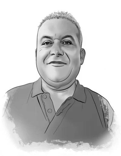 Retrato digital en blanco y negro de un hombre con camisa polo