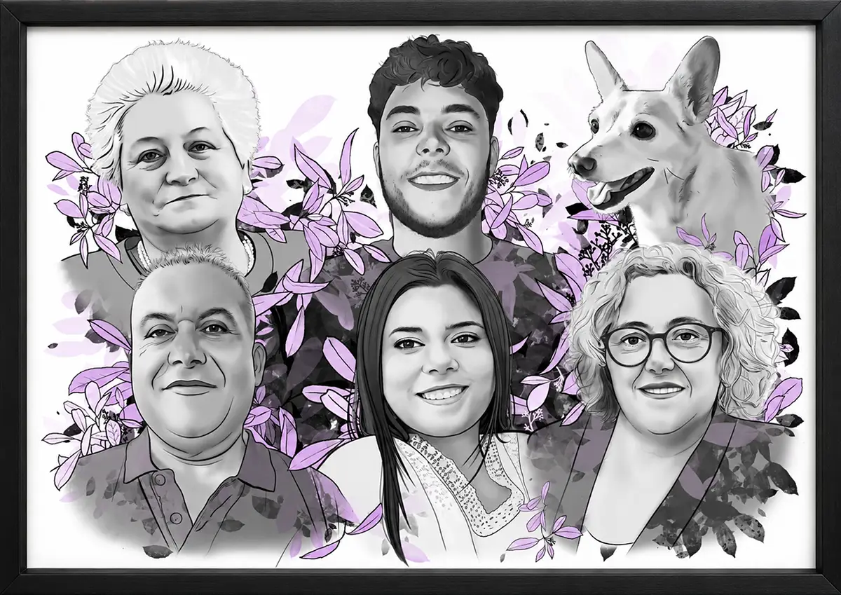 Retrato familiar digital en blanco y negro con seis retratos, cinco personas y una perrita